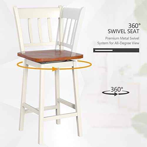 COSTWAY Bar Stools Set of 2, 24.5 Inch Rubber Wood Bar Chairs with 360°Swiveling, Footrest, Swivel Counter Height Barstools Ideal for Kitchen Island, Counter, Pub or Bar (2, White)