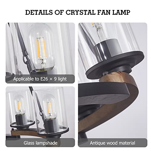 Fabulis 9-Light Wagon Wheel Chandelier, Farmhouse Dining Room Light Fixtures, Vintage Wood Light Chandeliers for Entryway Living Room Bedroom Foyer Hallway (9-Light/Wood, with Glass Shade)