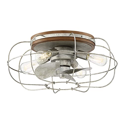 Arranmore Lighting | Jaxon - Galvanized | Farmhouse Caged Ceiling Fan with Light - Flush Mount Ceiling Fan with Lights - Industrial Ceiling Fan with Remote