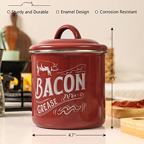 AuldHome Grease Container, White Enamelware Bacon Grease Can with Strainer, Farmhouse Style, Keto-Friendly