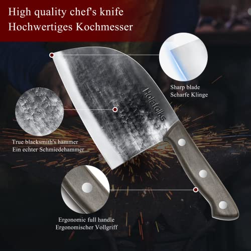 HolaFolks Serbian Chef Knife, Anti-Rust Oil Coating Kitchen Cooking Knife with Sheath, Dividing Knife Hand Forged High Carbon Steel Butcher Knife for Home Kitchen Restaurant Cooking Camping