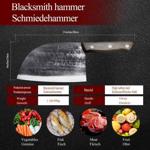 HolaFolks Serbian Chef Knife, Anti-Rust Oil Coating Kitchen Cooking Knife with Sheath, Dividing Knife Hand Forged High Carbon Steel Butcher Knife for Home Kitchen Restaurant Cooking Camping