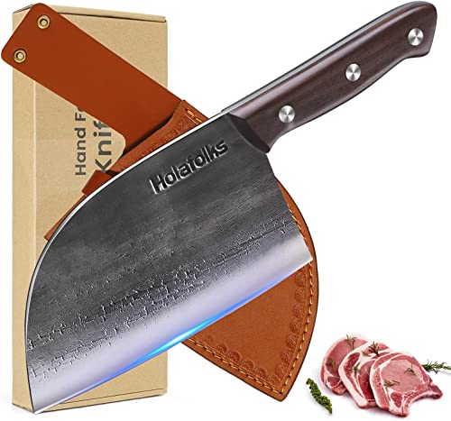HolaFolks Serbian Chef Knife, Anti-Rust Oil Coating Kitchen Cooking Knife with Sheath, Dividing Knife Hand Forged High Carbon Steel Butcher Knife for Home Kitchen Restaurant Cooking Camping