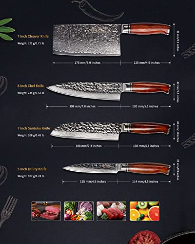YARENH Damascus Kitchen Knife Set with Cleaver 4 Pcs, 73 Layers Japanese High Carbon Stainless Steel, Full Tang Natural Sandalwood Handle, Professional Chef Knife