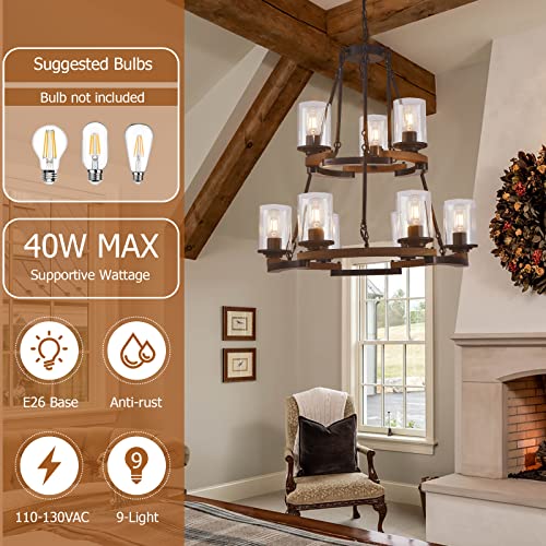 Fabulis 9-Light Wagon Wheel Chandelier, Farmhouse Dining Room Light Fixtures, Vintage Wood Light Chandeliers for Entryway Living Room Bedroom Foyer Hallway (9-Light/Wood, with Glass Shade)