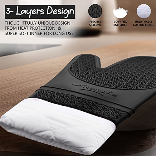 FoodoBay Silicone Oven Mitts - Jet Black Oven Mitts Heat Resistant 500F - Grippy Design, Soft Lining Silicone Oven Gloves - Oven Mits Set for Cooking Baking Kitchen Mittens Pot Holders (with E-Book)
