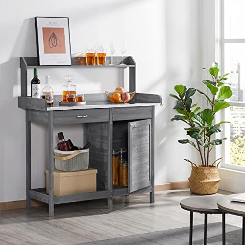 Yaheetech Potting Bench Outdoor Potting Table W/Cabinet Drawer Open Shelf W/Metal Tabletop Solid Wood Work Station W/Top Shelf & Lower Shelf Gray