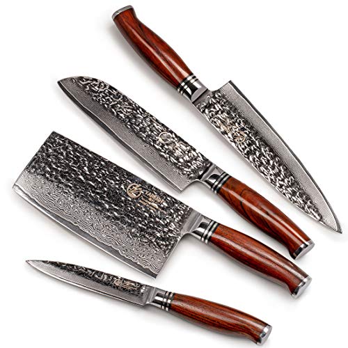 YARENH Damascus Kitchen Knife Set with Cleaver 4 Pcs, 73 Layers Japanese High Carbon Stainless Steel, Full Tang Natural Sandalwood Handle, Professional Chef Knife