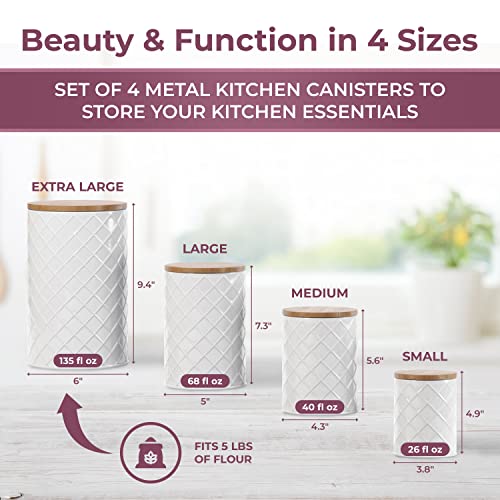 Pebble & Stem White Canister Sets for Kitchen Counter, Kitchen Canisters Set of 4, Airtight Countertop Flour and Sugar Containers, Coffee and Tea Storage, Modern Farmhouse Kitchen Decor, Metal