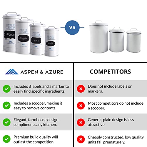Aspen & Azure Farmhouse Canister Set - Set of 4 Country Style Kitchen Canisters Includes Flour and Sugar Containers, Coffee Canister & Tea Canister - Beautiful Canister Sets for Kitchen Counter