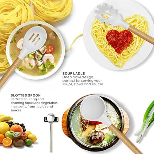 14 Pcs Silicone Cooking Utensils Kitchen Utensil Set - 446°F Heat Resistant,Turner Tongs, Spatula, Spoon, Brush, Whisk, Wooden Handle Kitchen Gadgets with Holder for Nonstick Cookware (BPA FREE) White