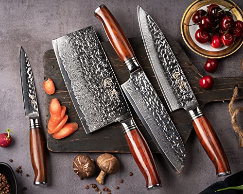YARENH Damascus Kitchen Knife Set with Cleaver 4 Pcs, 73 Layers Japanese High Carbon Stainless Steel, Full Tang Natural Sandalwood Handle, Professional Chef Knife