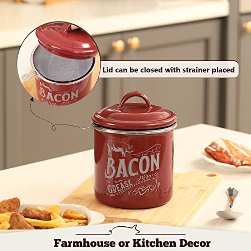 Bacon Grease Container With Strainer, 46OZ Large Enamel Grease Container,  With Silicone Spatula, Farmhouse Bacon Grease Keeper, Cooking Oil Container
