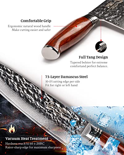 YARENH Damascus Kitchen Knife Set with Cleaver 4 Pcs, 73 Layers Japanese High Carbon Stainless Steel, Full Tang Natural Sandalwood Handle, Professional Chef Knife