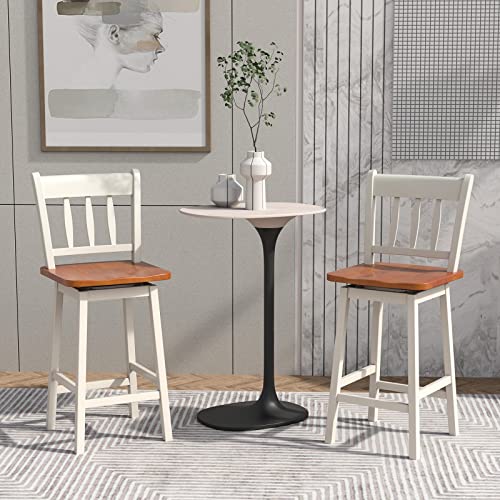 COSTWAY Bar Stools Set of 2, 24.5 Inch Rubber Wood Bar Chairs with 360°Swiveling, Footrest, Swivel Counter Height Barstools Ideal for Kitchen Island, Counter, Pub or Bar (2, White)