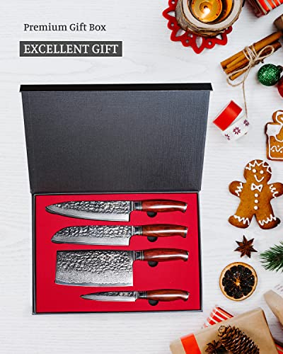 YARENH Damascus Kitchen Knife Set with Cleaver 4 Pcs, 73 Layers Japanese High Carbon Stainless Steel, Full Tang Natural Sandalwood Handle, Professional Chef Knife