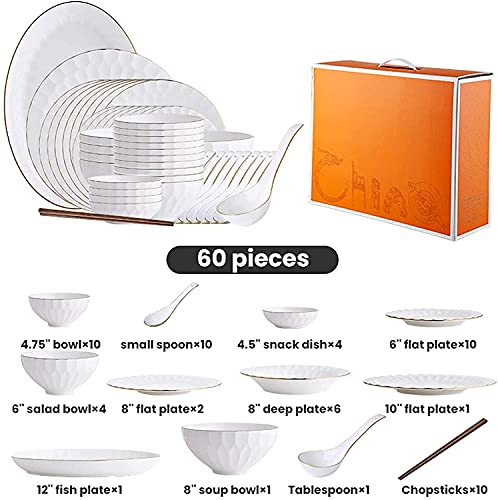 Stylish Dinner Set for Luxury Restaurant and Home, 60 Pieces Bone China Dinnerware Set | Porcelain Cereal Bowl and Steak Plate Set for Family Gathering and Wedding Gifts Kitchenware