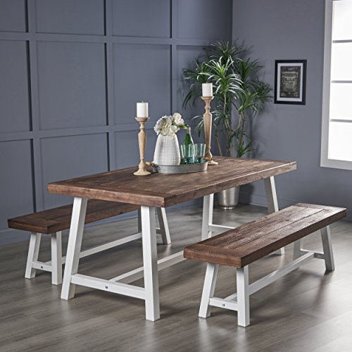 Great Deal Furniture Cytheria Indoor Farmhouse 3 Piece Acacia Wood Picnic Set Finish Frame, Sandblast Dark Brown + White Rustic Metal