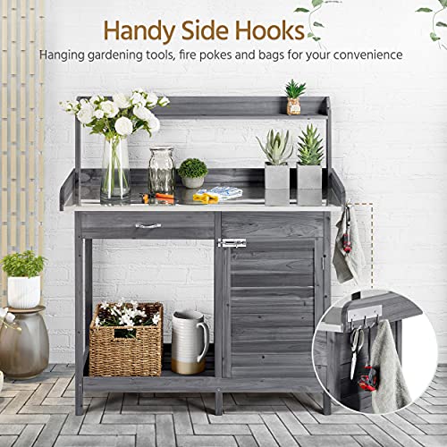 Yaheetech Potting Bench Outdoor Potting Table W/Cabinet Drawer Open Shelf W/Metal Tabletop Solid Wood Work Station W/Top Shelf & Lower Shelf Gray
