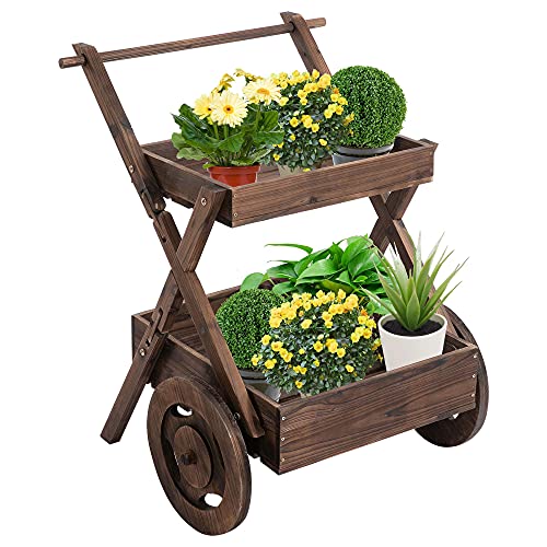 Outsunny Outdoor Plant Stand 2-Tier Wooden Flower Stand/Bed with Wheels and Handle to Grow Vegetables, Herbs, for Patio Balcony Greenhouse Outdoor and Indoor Gardening
