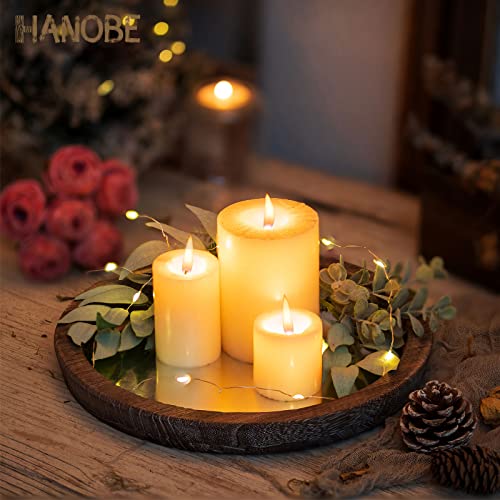 Hanobe Round Wood Decorative Tray: Rustic Wooden Tray for Coffee Table Farmhouse Centerpiece Mirror Candle Tray Vintage Mirrored Bar Tray Ottoman Tray for Home Decor Bathroom Vanity Kitchen Organizer