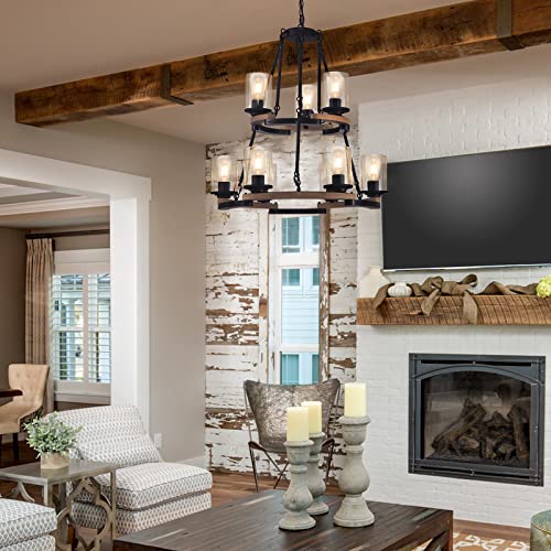 Fabulis 9-Light Wagon Wheel Chandelier, Farmhouse Dining Room Light Fixtures, Vintage Wood Light Chandeliers for Entryway Living Room Bedroom Foyer Hallway (9-Light/Wood, with Glass Shade)