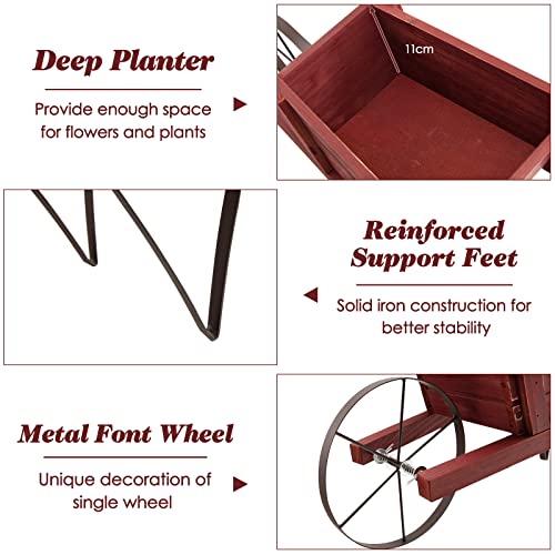 S AFSTAR Wood Wheelbarrow Planter, Flower Plant Pot Wheelbarrow Cart w/Metal Wheel & 9 Replaceable Magnet Accessories, Wooden Wagon Planter Wheelbarrow Decor for Outdoor Garden Backyard (Red)