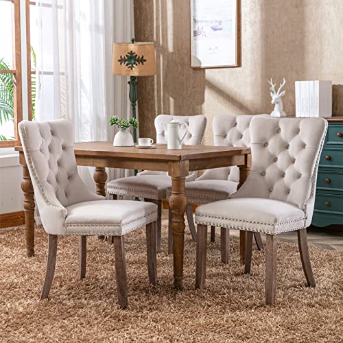 Rhomtree Set of 6 Velvet Fabric Dining Chairs Luxury Tufted Back with Nailed Trim and Back Ring Pull Home Kitchen Dining Room Chairs Armless Side Chairs Solid Rubber Wood Legs (Beige)