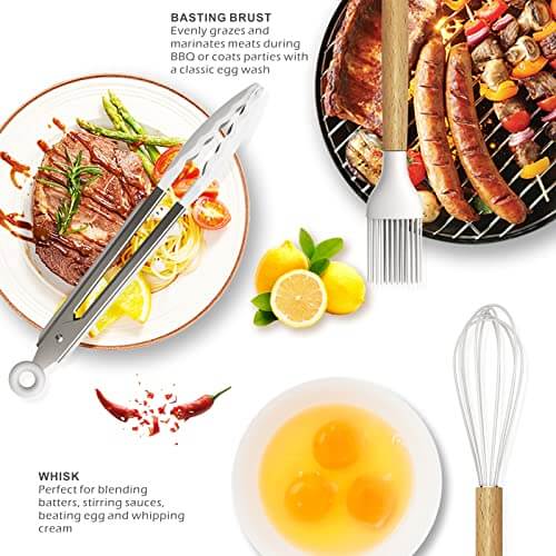 14 Pcs Silicone Cooking Utensils Kitchen Utensil Set - 446°F Heat Resistant,Turner Tongs, Spatula, Spoon, Brush, Whisk, Wooden Handle Kitchen Gadgets with Holder for Nonstick Cookware (BPA FREE) White