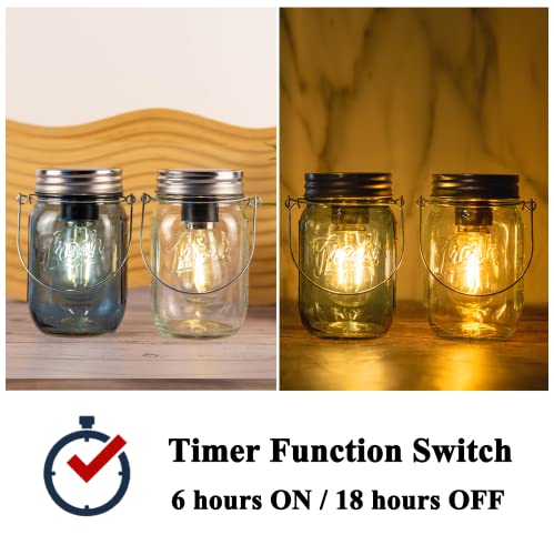 Outdoor Mason Jar Lights Hanging, 2-Pack LED Decorative Garden Lanterns with Timer, Battery Operated Vintage Glass Light for Patio Camping Courtyard Backyard Tree Hallway Stairs Farmhouse (2Color)
