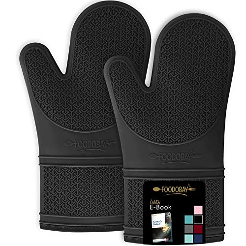 FoodoBay Silicone Oven Mitts - Jet Black Oven Mitts Heat Resistant 500F - Grippy Design, Soft Lining Silicone Oven Gloves - Oven Mits Set for Cooking Baking Kitchen Mittens Pot Holders (with E-Book)