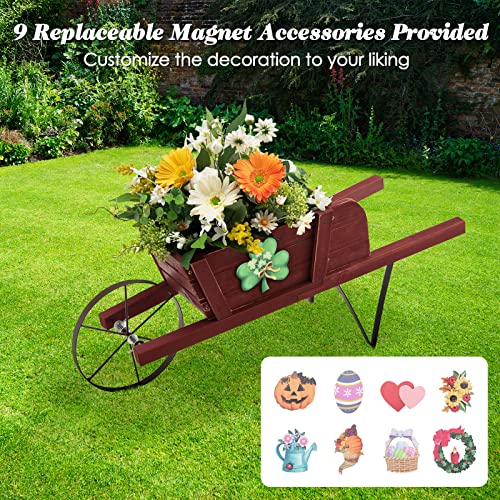 S AFSTAR Wood Wheelbarrow Planter, Flower Plant Pot Wheelbarrow Cart w/Metal Wheel & 9 Replaceable Magnet Accessories, Wooden Wagon Planter Wheelbarrow Decor for Outdoor Garden Backyard (Red)